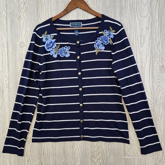 Karen Scott Cardigan Women's Large Navy Blue‎ Floral Embroidered Button Front - Picture 1 of 9